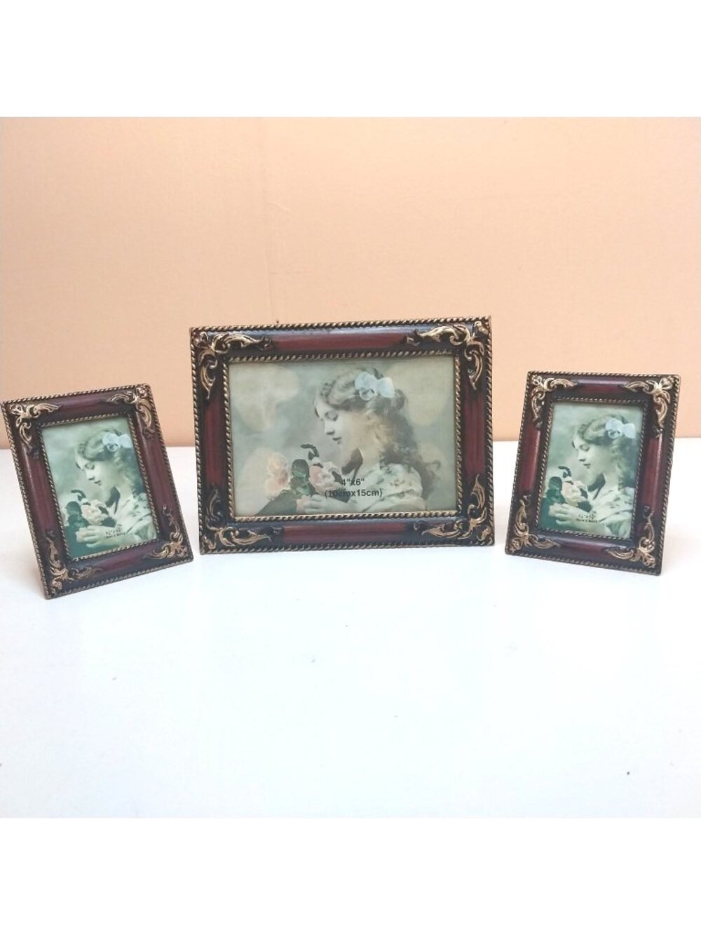 Antique Style Ornate Picture Frame Set of 3 Gold & Red 2.5 x 3.5 & 4 x 6